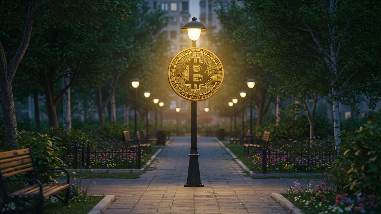 A Serene Evening in the Park Highlighted by a Bitcoin Symbol Illuminating the Pathway, Surrounded by Lush Greenery and Soft Lights