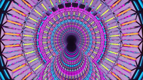 Computerized-motion-graphics-of-colorful-and-glowing-circles,rotating-and-emerging-from-the-central-hollow-core-Animation,-VJ-loops