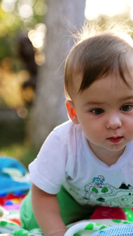 cute little toddler crawling by the plaid laid on the ground in the garden. curious beautiful child looks around with interest. blurred backdrop. vertical video