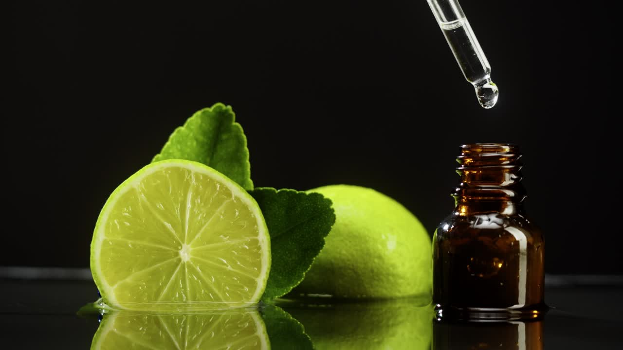 피에서 병에 기름을 흘리는 클로즈업, 라임 주스, 검은 바탕에 아로마 세럼을 만드는 것, 액체 시트루스 추출물, 피부 관리 루틴, 치료 스파 개념, 전통 의학
