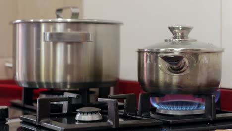 two pots in the kitchen on a gas stove