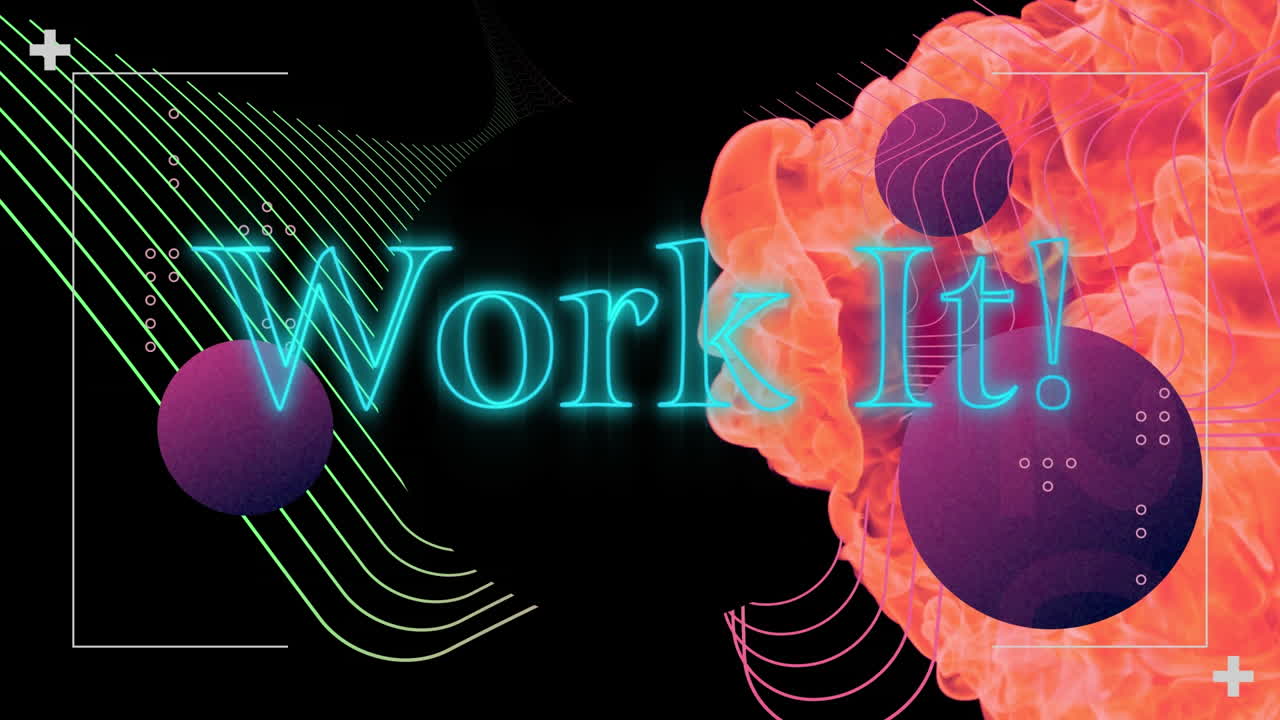Animation of work it text in blue neon with purple spheres over colourful lines and fire on black