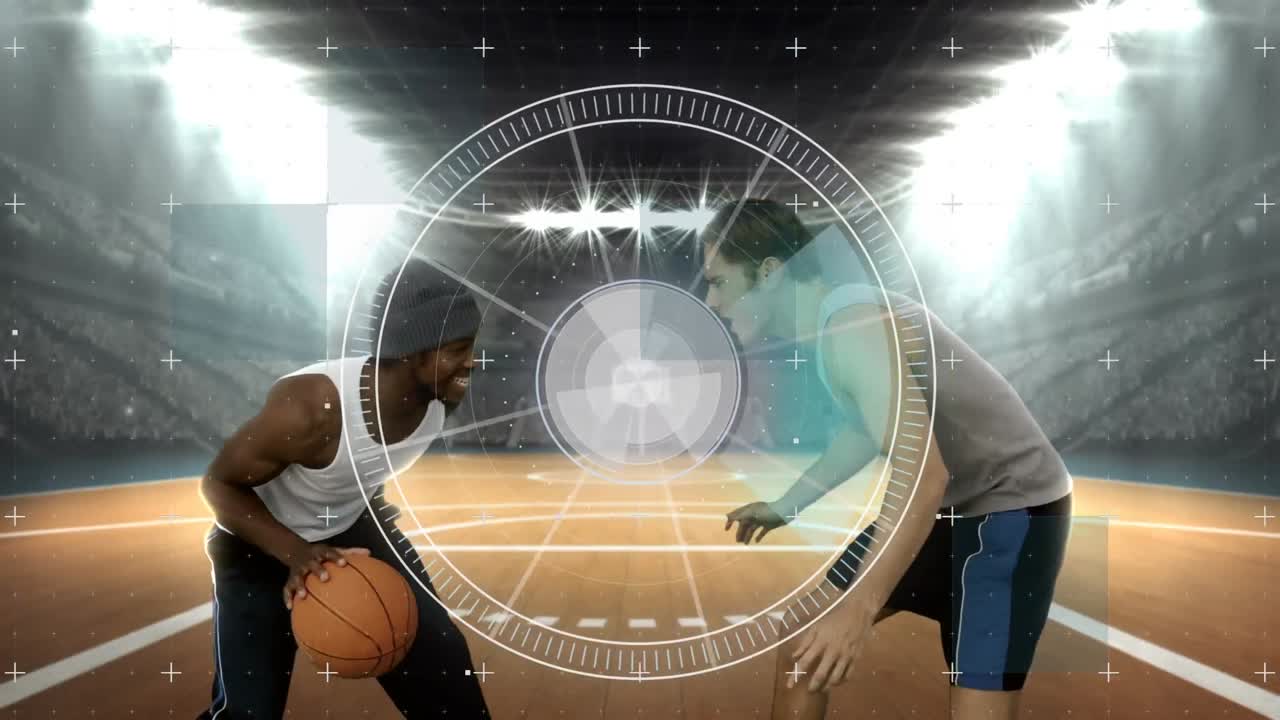 Animação de sistema de segurança giratório sobre diversos jogadores masculinos em um estádio.