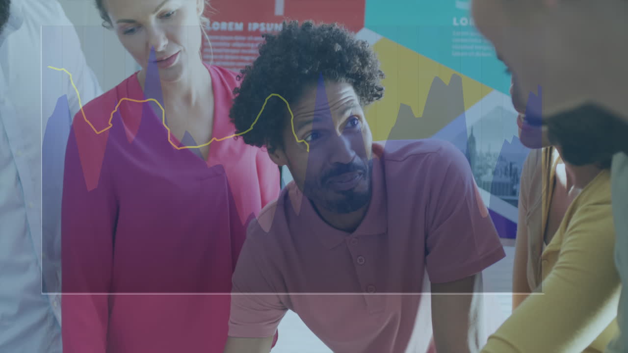 Animation of financial data processing over diverse business people in office