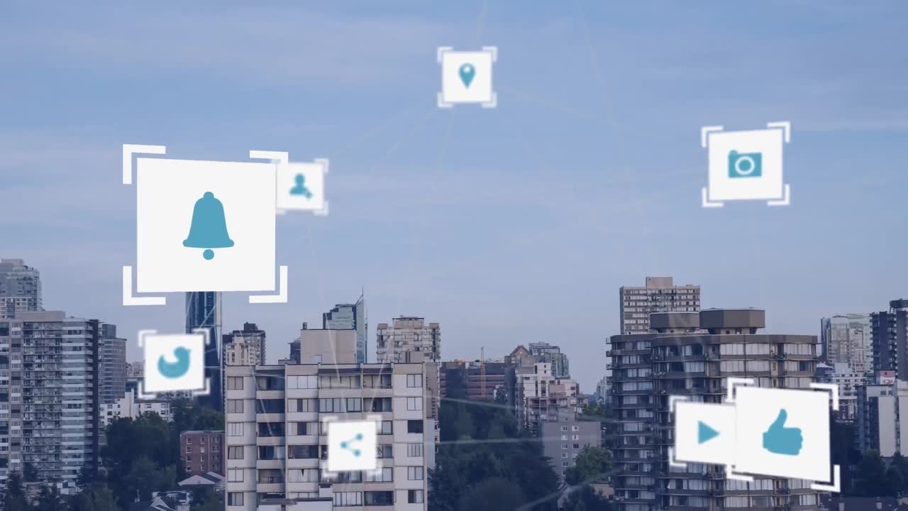 Animação de ícones de redes sociais sobre paisagem urbana