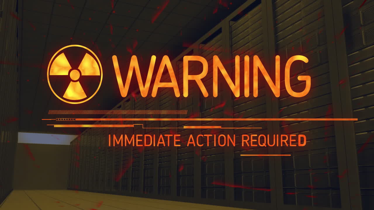 Animation with warning text and radiation symbol over server room background