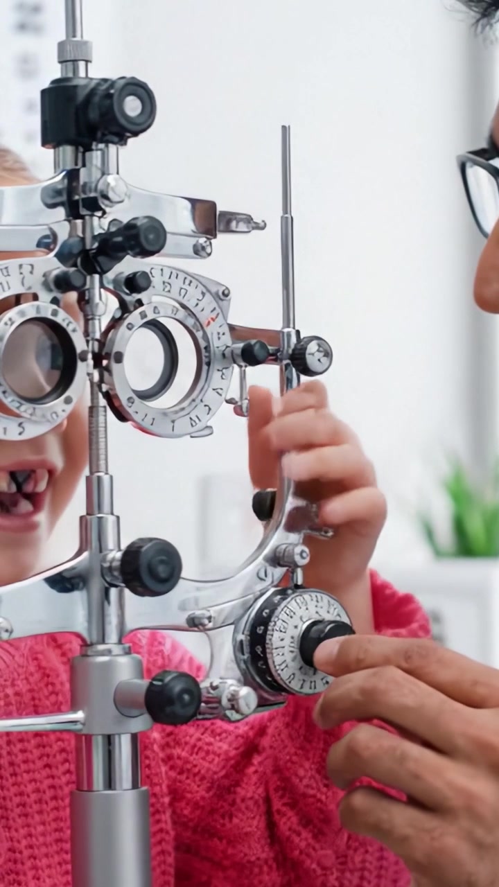 Optometrist Conducting a Vision Examination with a Child, Using a Phoropter to Assess Eye Health and Prescription Needs in a Bright Clinical Setting