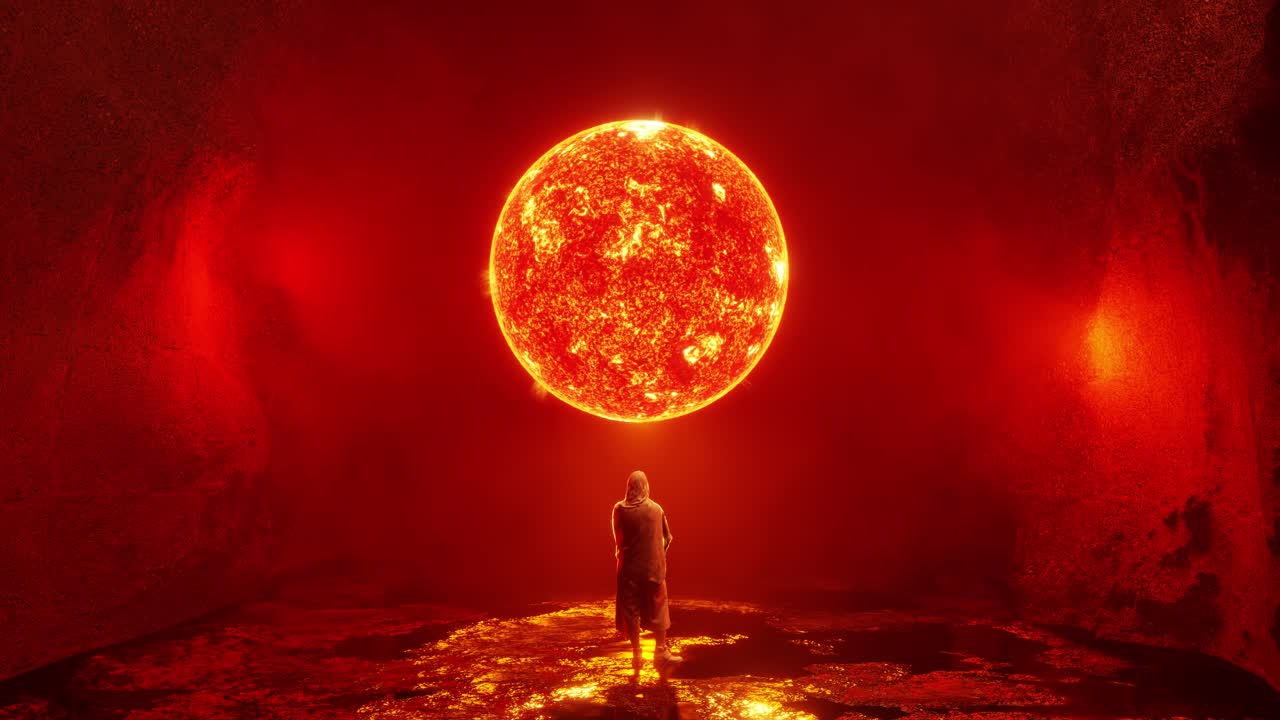 Futuristic traveler admiring burning planet. Sci-Fi scene, 3d animation