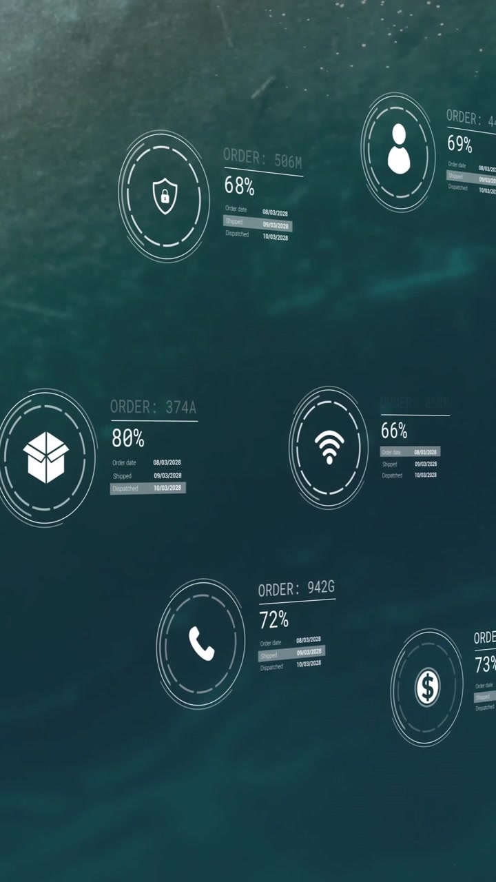 Animation of network of icons with data processing over seascape
