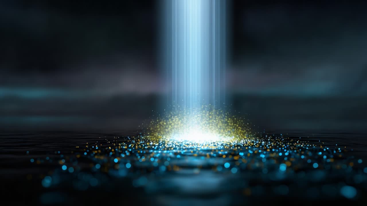 Un affascinante gioco di luci e acqua, che mostra particelle radiose luccicare sotto una cascata in un ambiente scuro e suggestivo