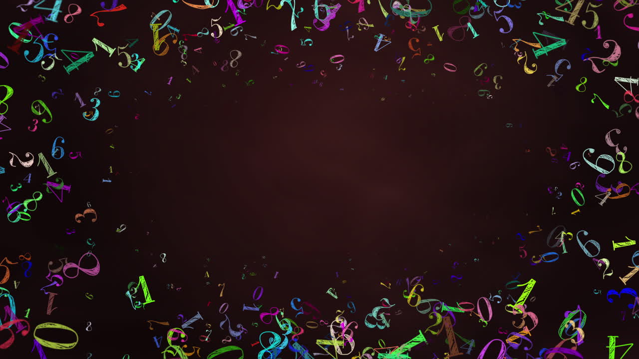 Hand drawn random numbers square frame. Colorful on brown loop background. School childish style animation.