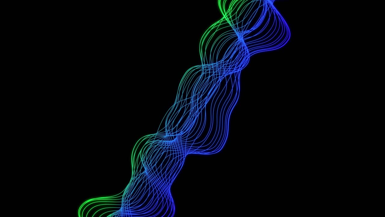 Linee ondulate astratte verdi e blu fluttuanti su sfondo nero