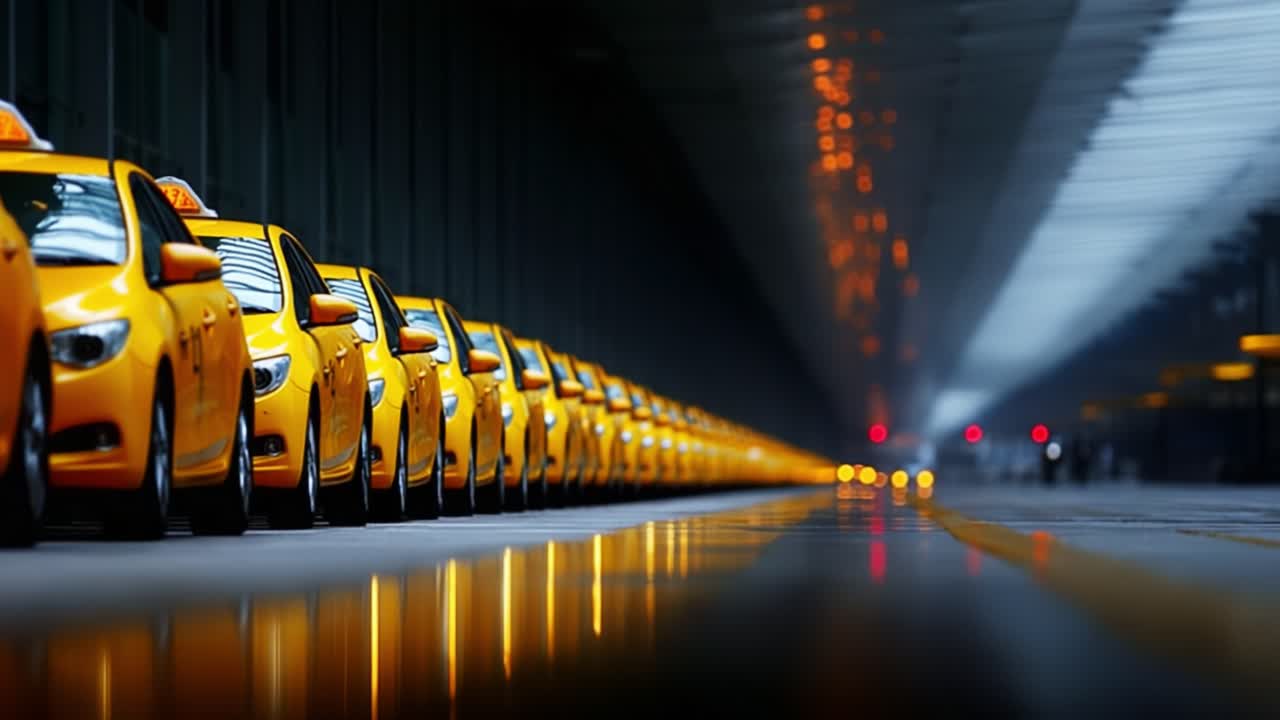 A Row of Glimmering Yellow Taxis in a Dimly Lit Tunnel, Showcasing Their Reflection on the Smooth Surface as They Await Passengers at the End of the Line
