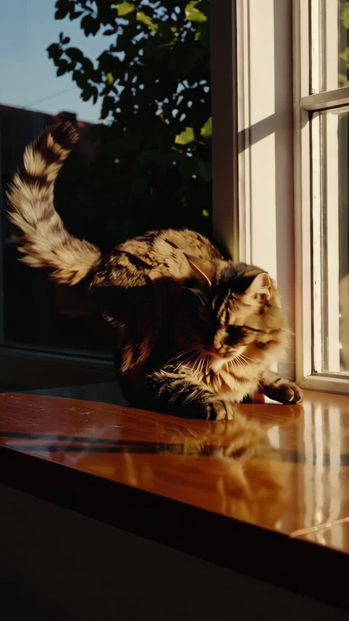 Fluffy cat enjoying sunlight on a windowsill