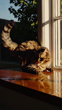fluffy cat enjoying sunlight on a windowsill