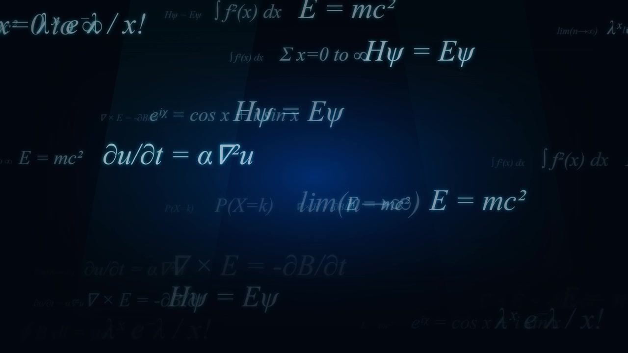 Floating Mathematical Formulas and Physics Equations on Dark Blue Background