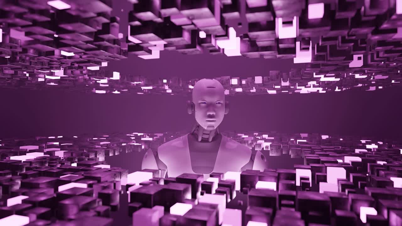 Humanoid robot standing inside a tunnel of glowing pink cubic structures. Monochrome 3D digital illustration. Artificial intelligence and technology concept, banner, wallpaper