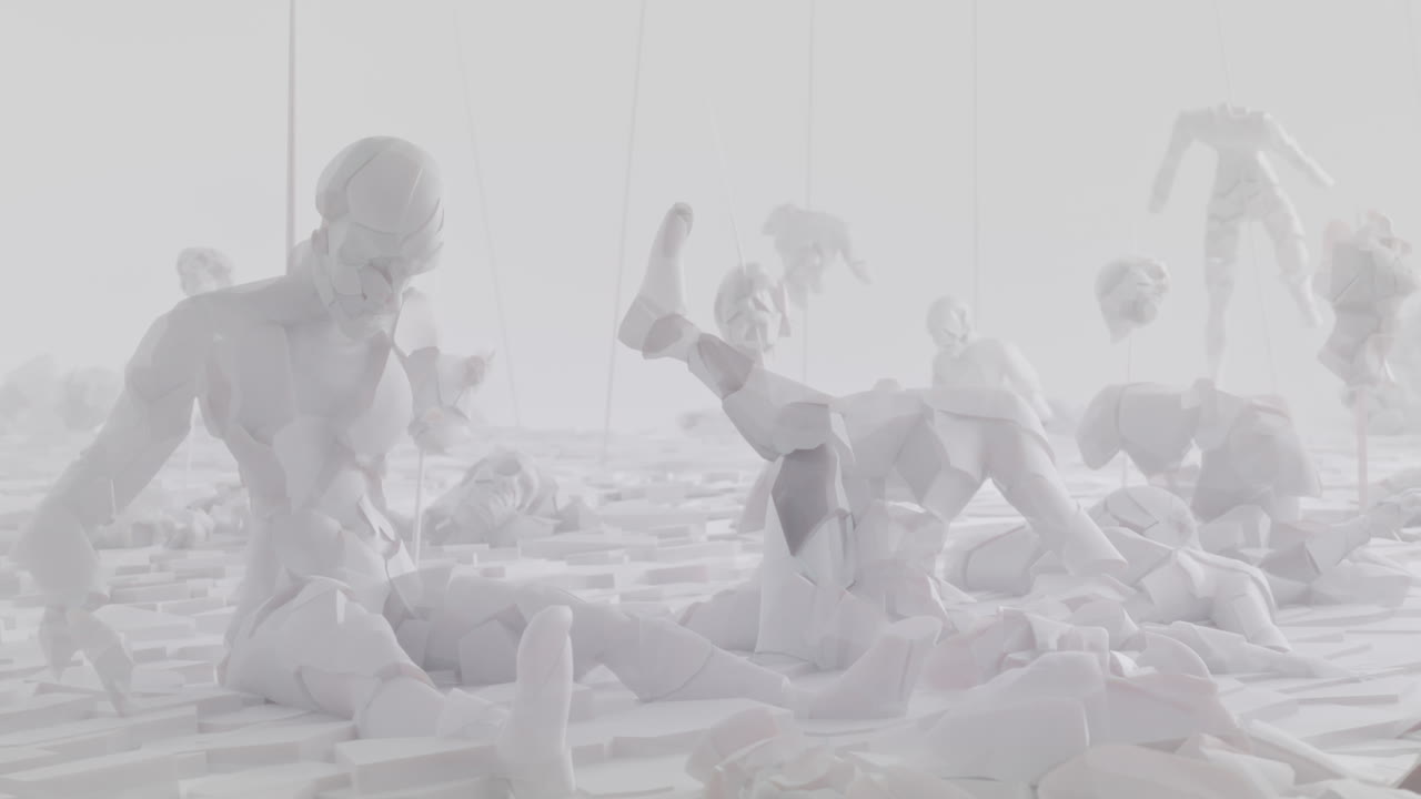 Broken android shells on a foggy junkyard