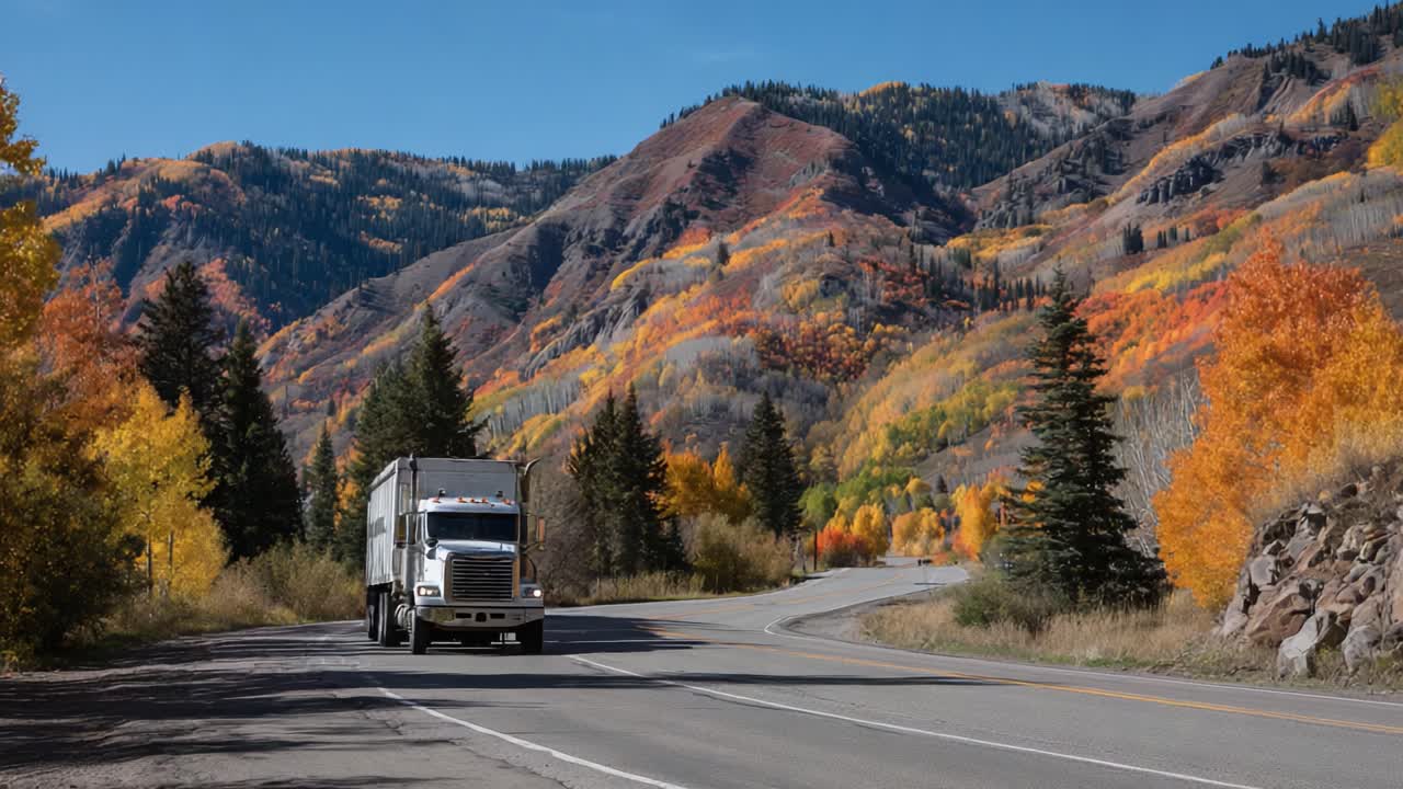 A Freight Truck Navigating a Scenic Mountain Road Surrounded by Vibrant Autumn Foliage in a Beautiful Landscape Setting