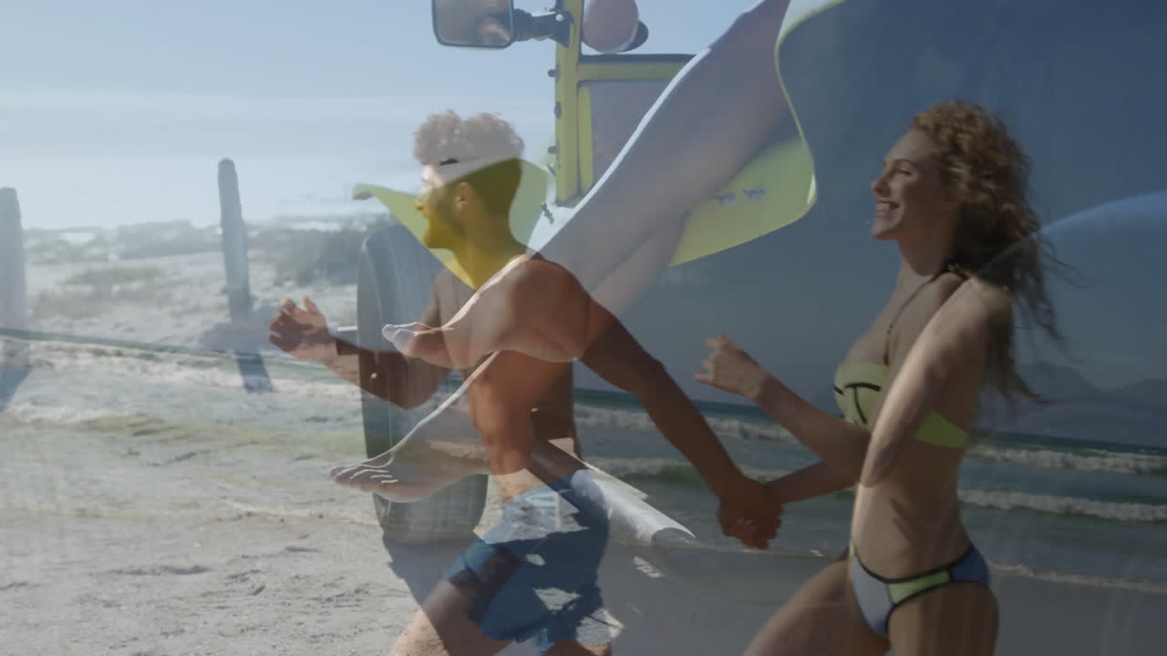 Running on beach, couple in swimwear with animation of vehicle overlay