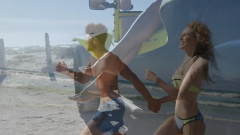 running on beach, couple in swimwear with animation of vehicle overlay
