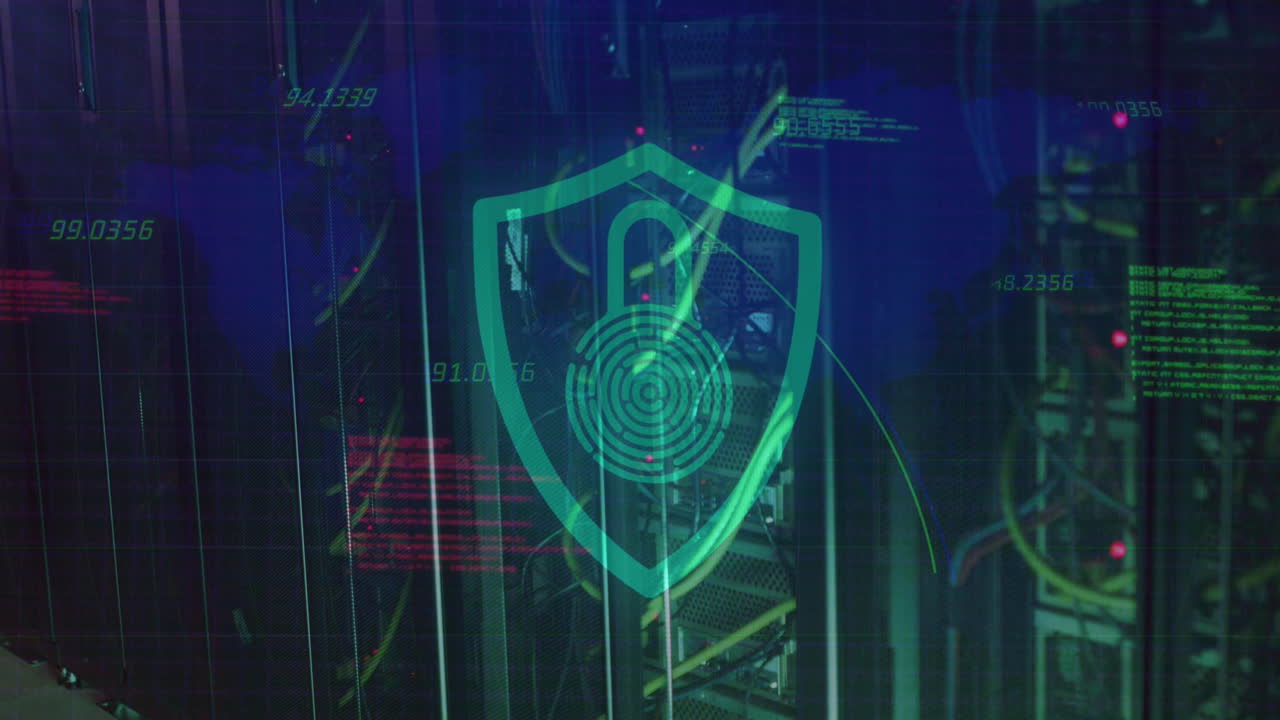 números flotando sobre el candado de seguridad y el icono de escudo contra el primer plano de un servidor de computadora