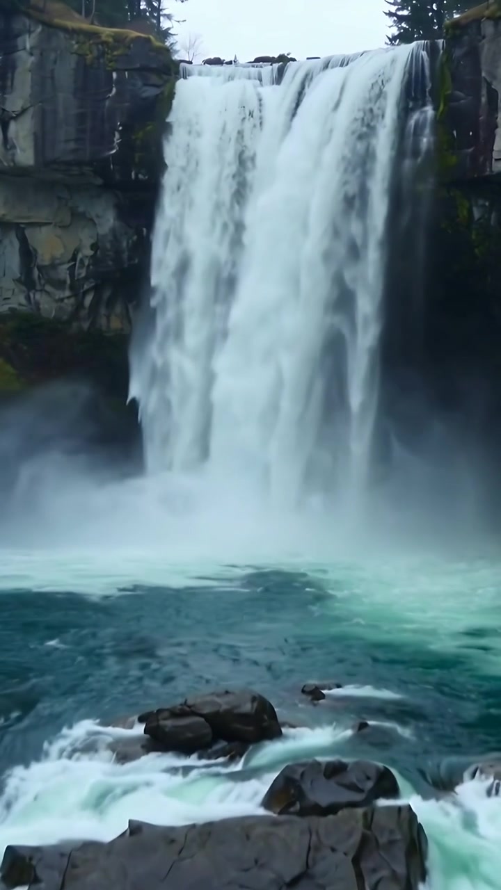 Video verticale: Cascate che si riversano da una scogliera con rocce in un canyon, fiume che si ingrossa, nebbia che sale.