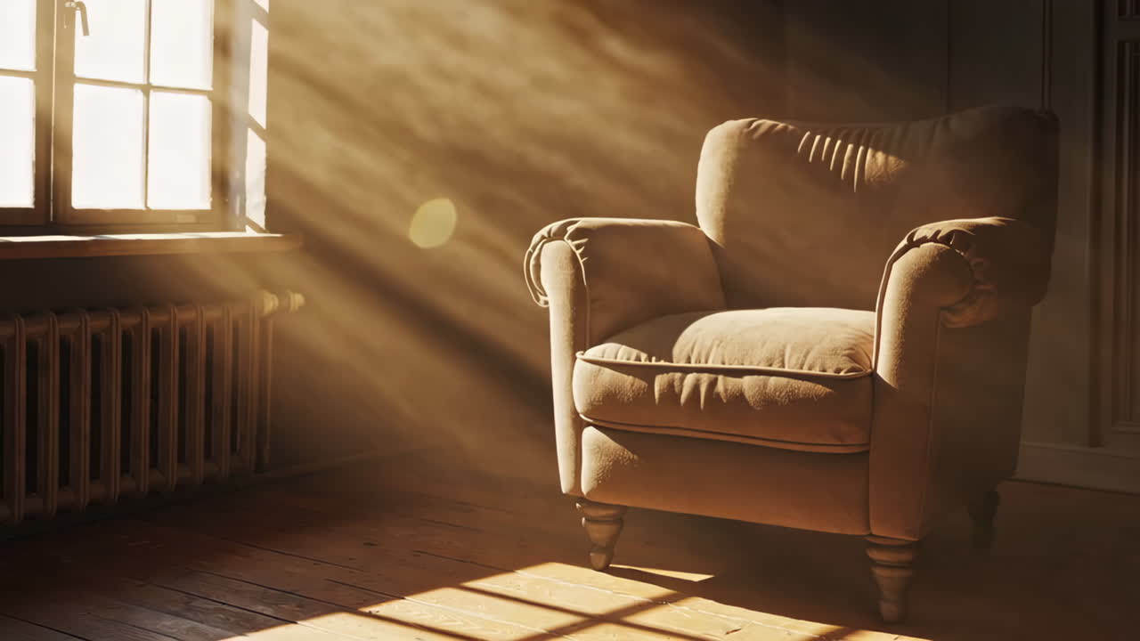Sunlight streaming into a cozy room with an armchair