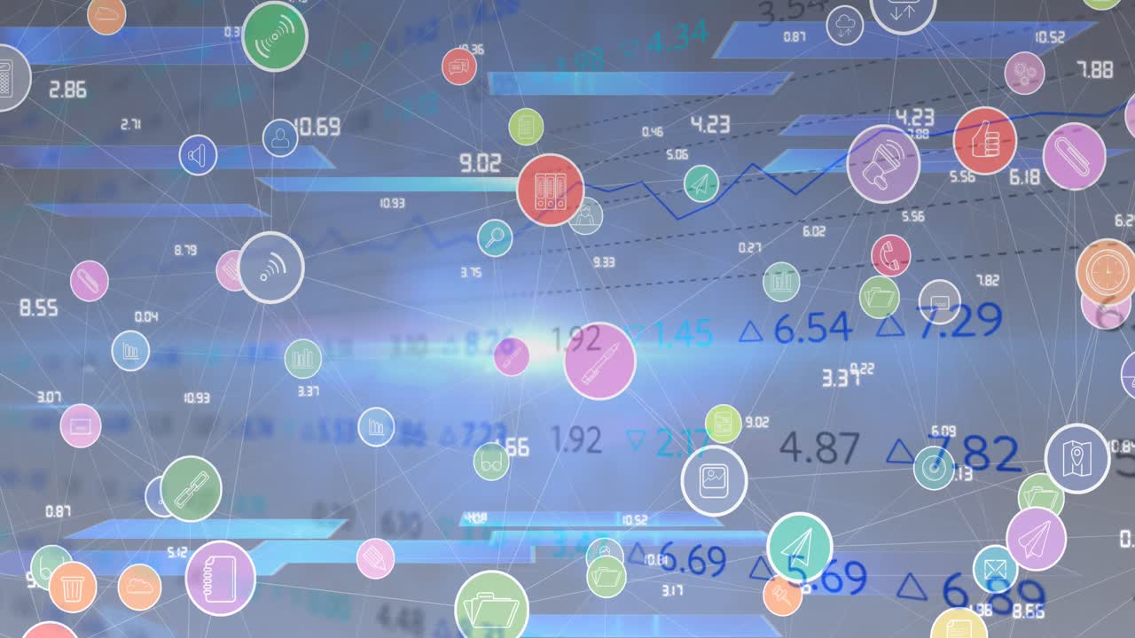 Animation of digital icons over financial data processing on blue background