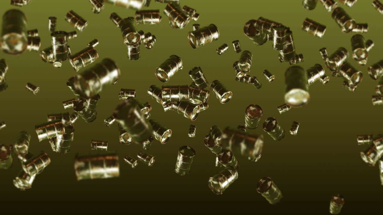 volando muchos tambores de combustible viejos en fondo marrón. industria química, barriles de metal. animación 3d del tanque de petróleo girando. animación de bucle.