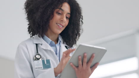 happy woman, doctor and thinking with tablet
