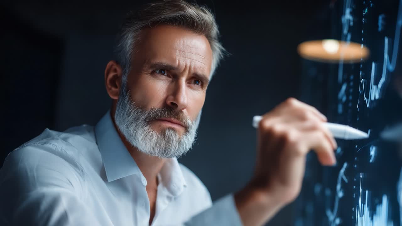 Focused Professional Analyzing Data on a Digital Interface in a Dimly Lit Environment with Futuristic Visuals and Modern Technology Tools