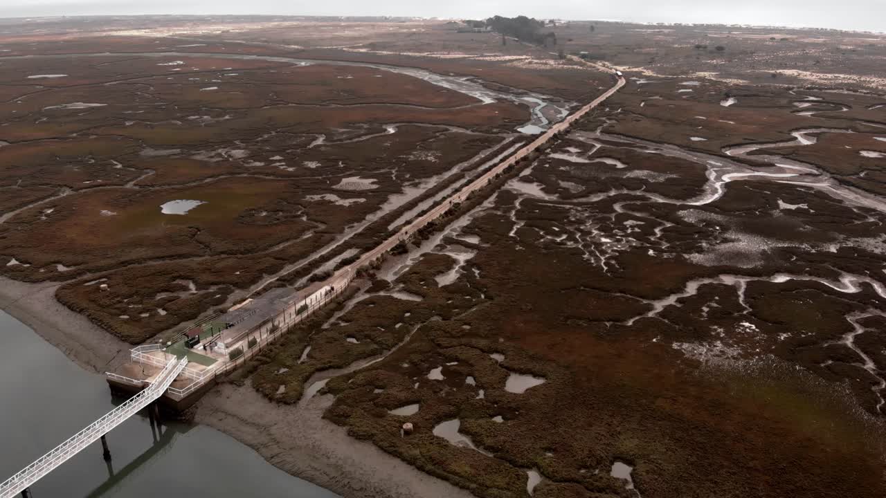 Aerial wide shot over wetlands in Portugal, Nature reserve park Algarve