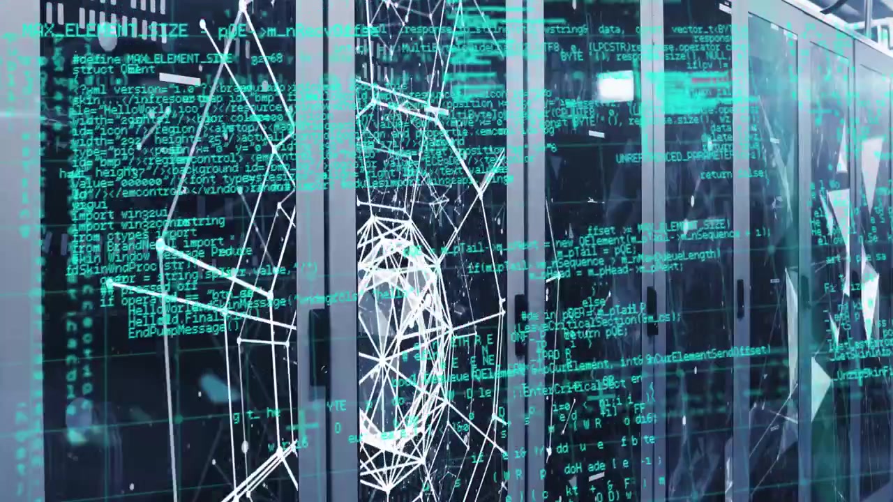 Data center racks reacting to wireframe fragment appearing on glass, forming teal hub showing data