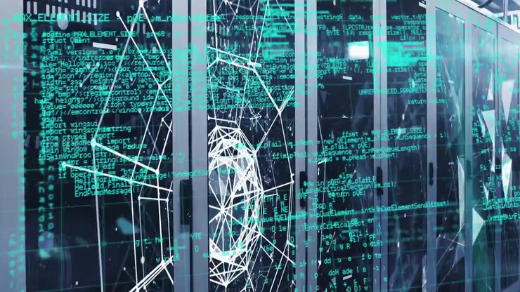 Data center racks reacting to wireframe fragment appearing on glass, forming teal hub showing data