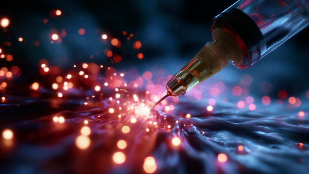 A close-up view of a syringe injecting a vibrant mix of glowing particles into a fluid surface, illustrating a captivating interaction of light and matter, evoking themes of creativity and transformation