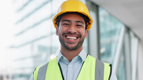 Gesicht,-Glücklicher-Ingenieur-Und-Asiatischer-Mann-Mit-Helm