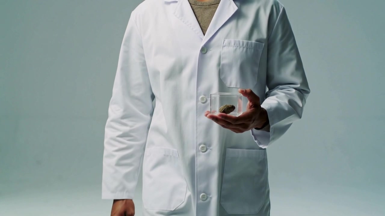 Uno scienziato che cammina, indossando un camice da laboratorio bianco, porta una cassa trasparente che mostra un esemplare marrone in uno studio.