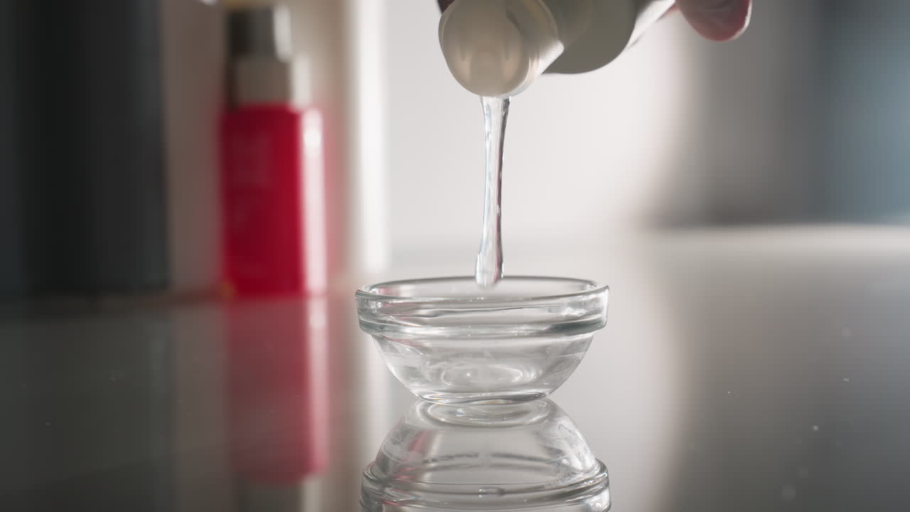 Massage therapist wearing gloves pours golden oil into small white bowl on trolley against blurred spa background conveying preparation ritual for soothing facial and full body treatment session