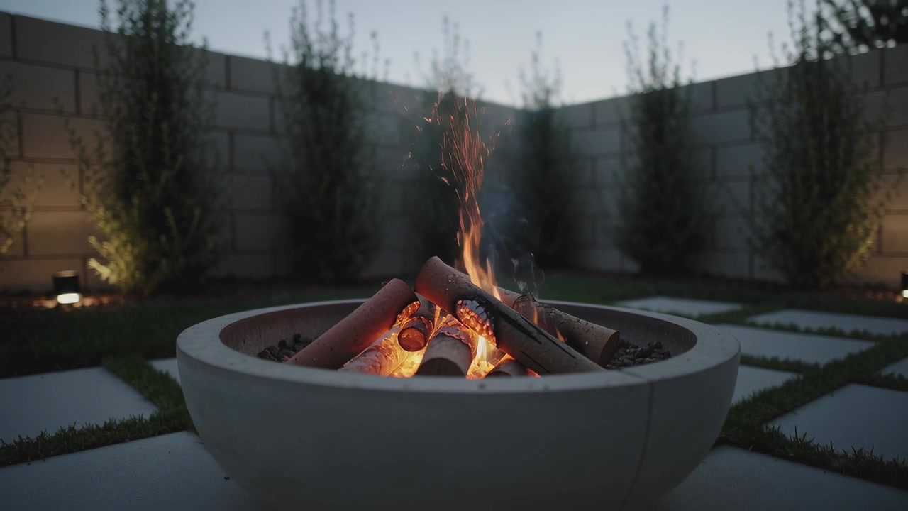 Burning round concrete fire pit receiving embers from logs, sending taller flame and smoke at dusk