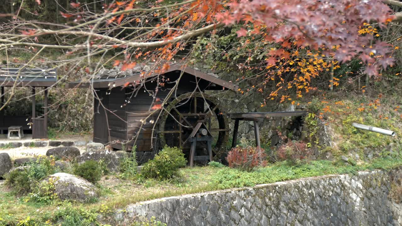 A stunning view of a traditional water mill along the historic Nakasendo Trail in Japan, surrounded by vibrant red autumn foliage.