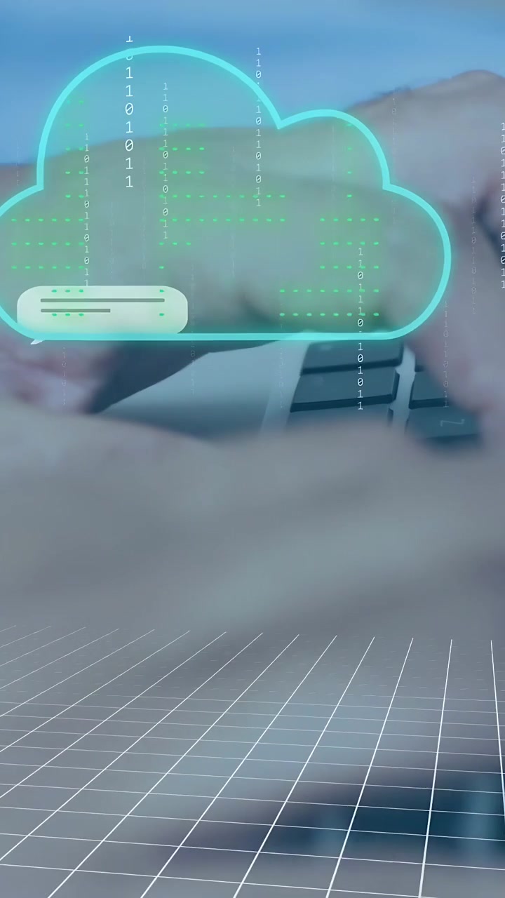 Vertical video: Hands typing laptop keys, creating neon cloud and binary streams for AI processing