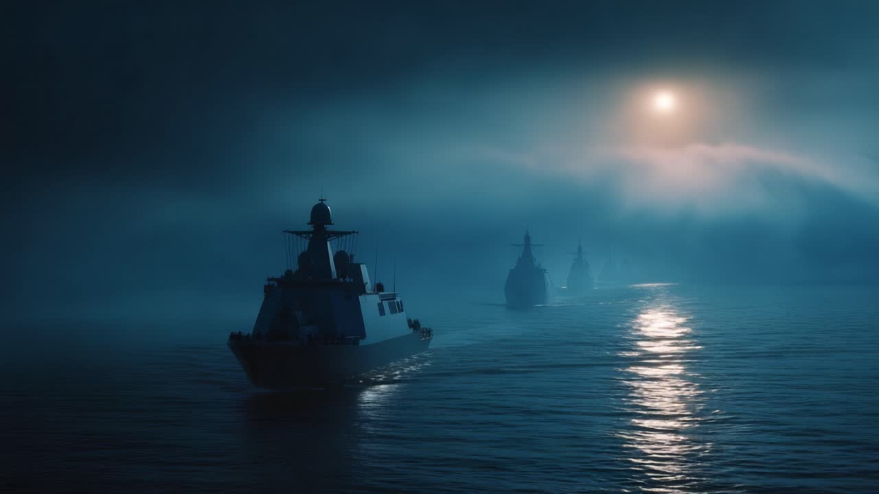 霧深い夜。軍艦が穏やかな暗い海を滑るように進む。月明かりが波に反射する。船は音もなく前進する。張り詰めた雰囲気。軍事作戦。海上哨戒。戦略的な移動。