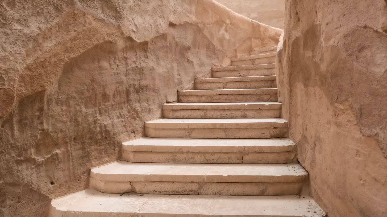 Moving camera revealing narrow stone stairway in canyon, showing steps erosion and depth