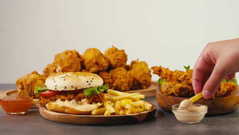 crispy fried chicken, sandwich, and fries
