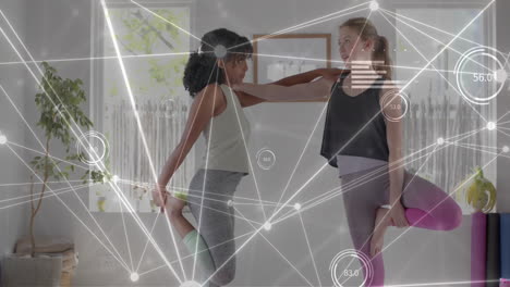 animation of communication network and data processing over diverse teenage girls practicing yoga