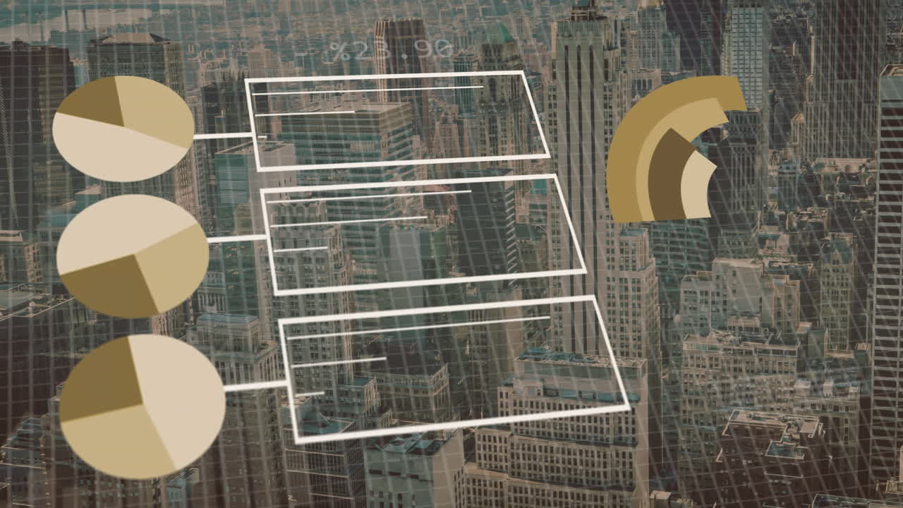 도시 풍경 위의 금융 데이터 처리 애니메이션