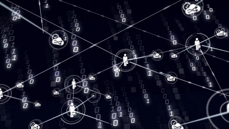 Streaming binary code starting network growth, ringed silhouette linking cloud briefcase user nodes