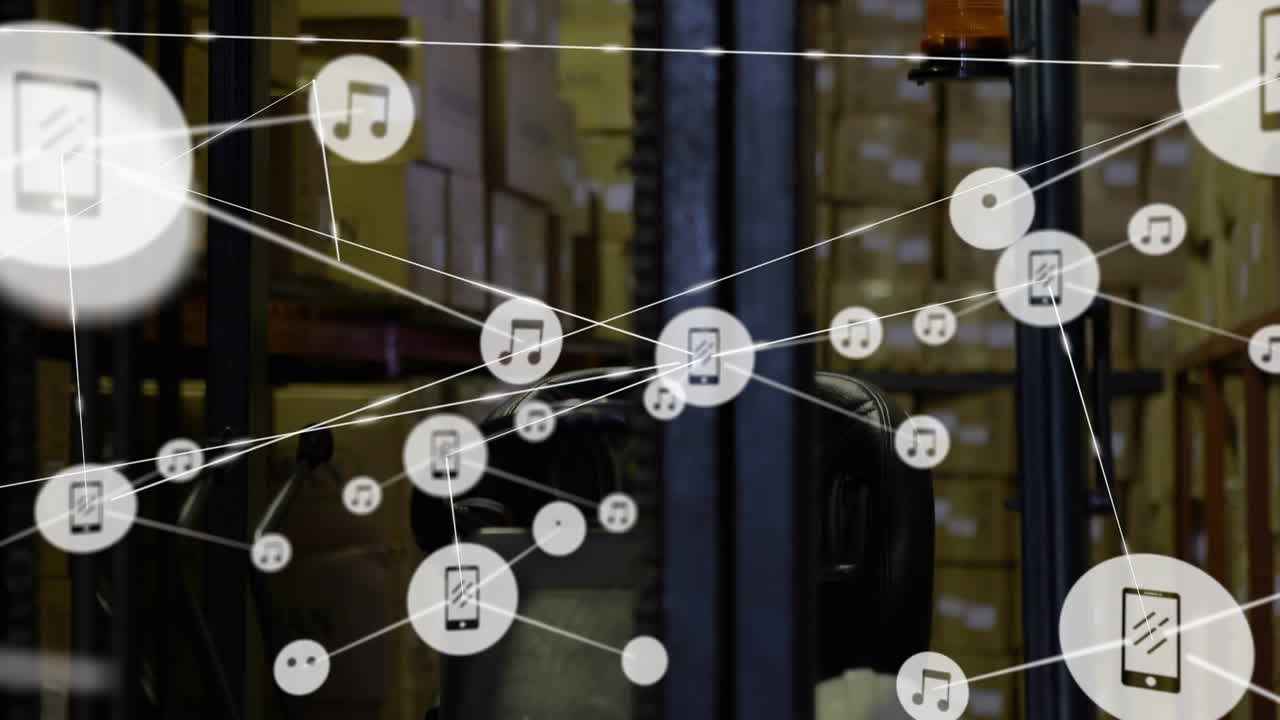 animación de la red de conexiones con iconos sobre el almacén