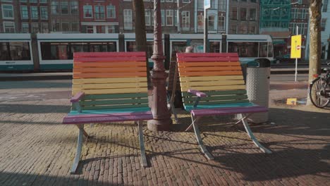 Rainbow chairs in Amsterdam street
